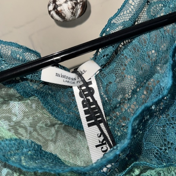 Mistress Rocks shirt semi sheer Teal Lace Patchwork Top NEW floral paisley large - Picture 2 of 3